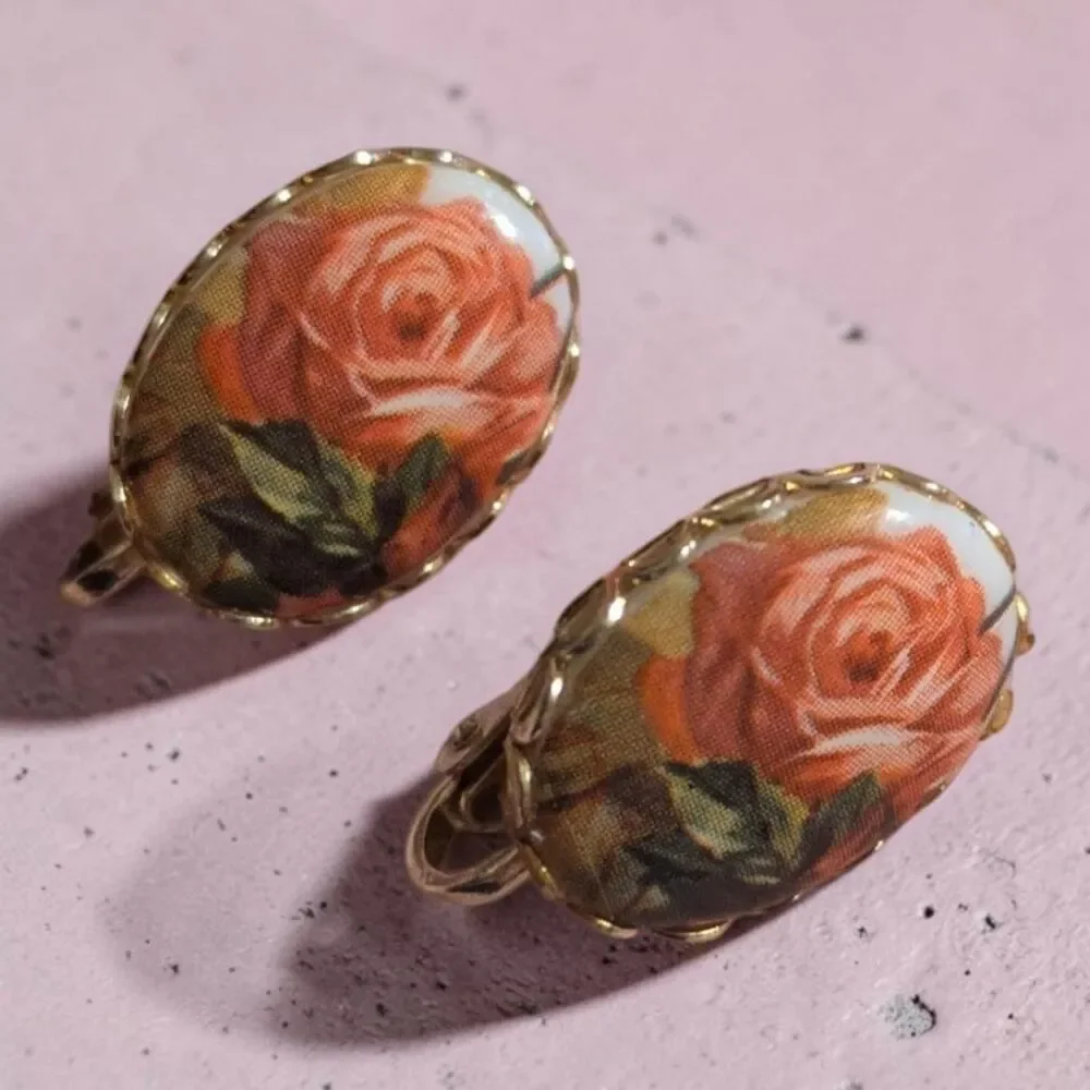 Vintage Pink Rose Floral Oval Clip On Earrings, Cottagecore, Victorian Jewelry
